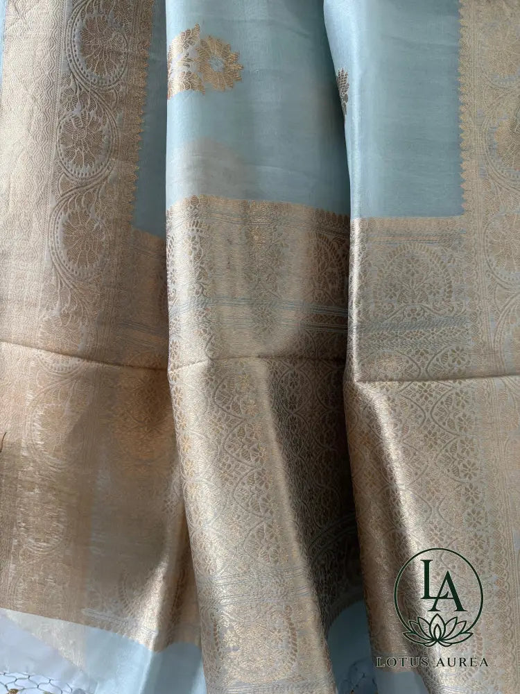 Silver Grey Handwoven Pure Banarasi Kora Silk Saree with Gold Zari Motifs & Grand Pallu - Banarasi Organza Saree