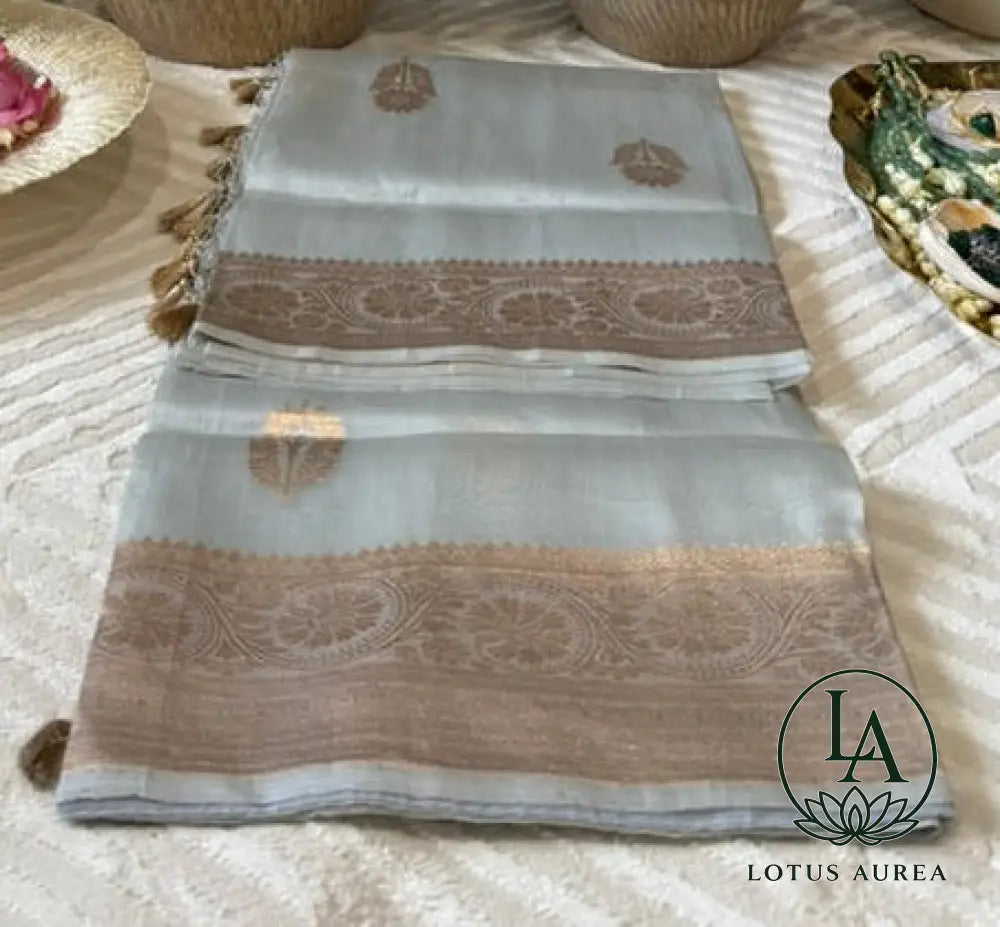 Silver Grey Handwoven Pure Banarasi Kora Silk Saree with Gold Zari Motifs & Grand Pallu - Banarasi Organza Saree