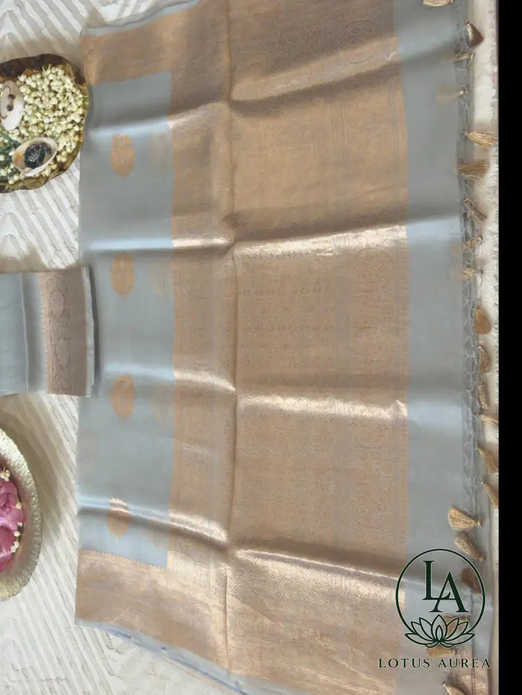 Silver Grey Handwoven Pure Banarasi Kora Silk Saree with Gold Zari Motifs & Grand Pallu - Banarasi Organza Saree