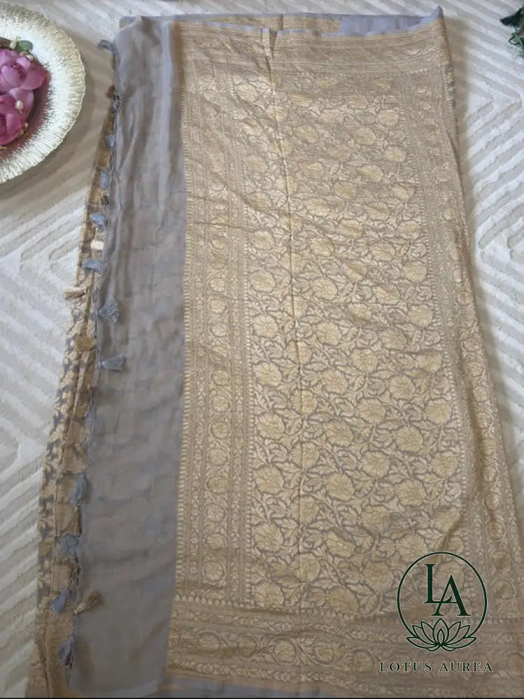 Silver Mist Heritage – Handwoven Pure Banarasi Khaddi Georgette Saree with Grand Floral Jaal Pallu - Banarasi Khaddi