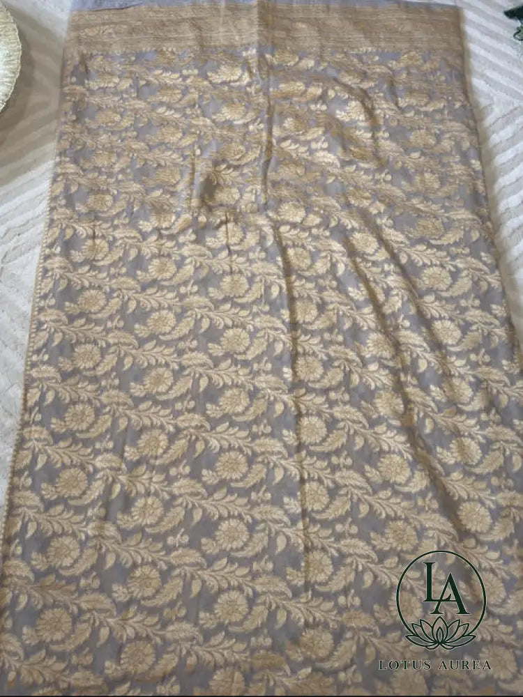 Silver Mist Heritage – Handwoven Pure Banarasi Khaddi Georgette Saree with Grand Floral Jaal Pallu - Banarasi Khaddi