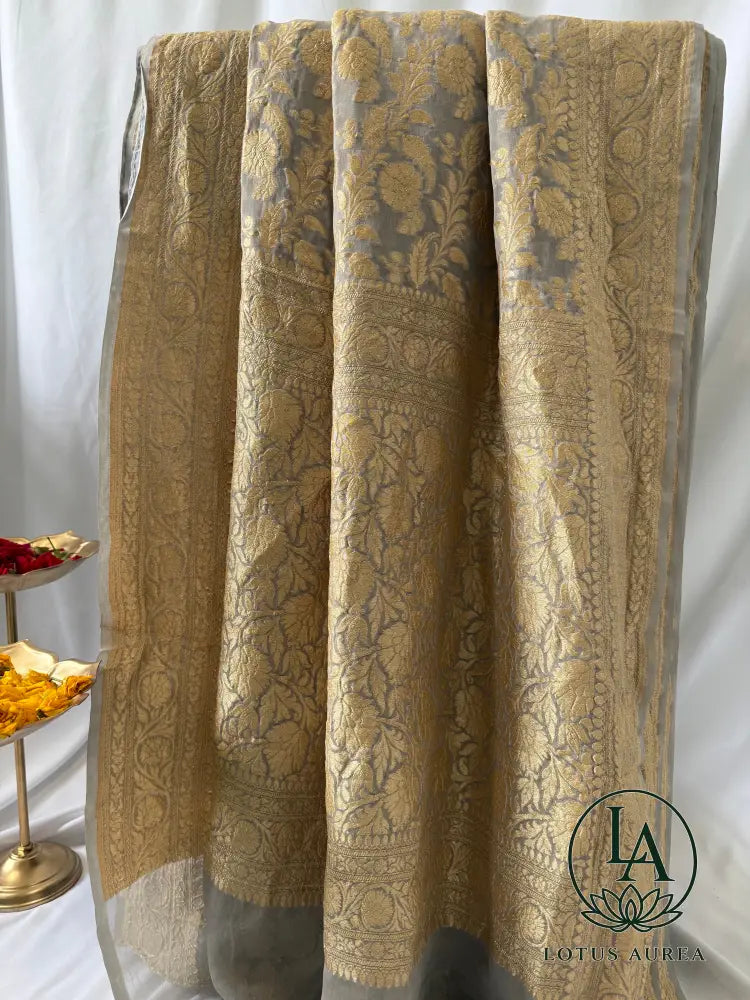 Silver Mist Heritage – Handwoven Pure Banarasi Khaddi Georgette Saree with Grand Floral Jaal Pallu - Banarasi Khaddi