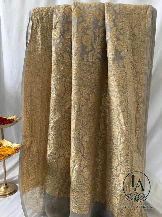 Silver Mist Heritage – Handwoven Pure Banarasi Khaddi Georgette Saree with Grand Floral Jaal Pallu - Banarasi Khaddi