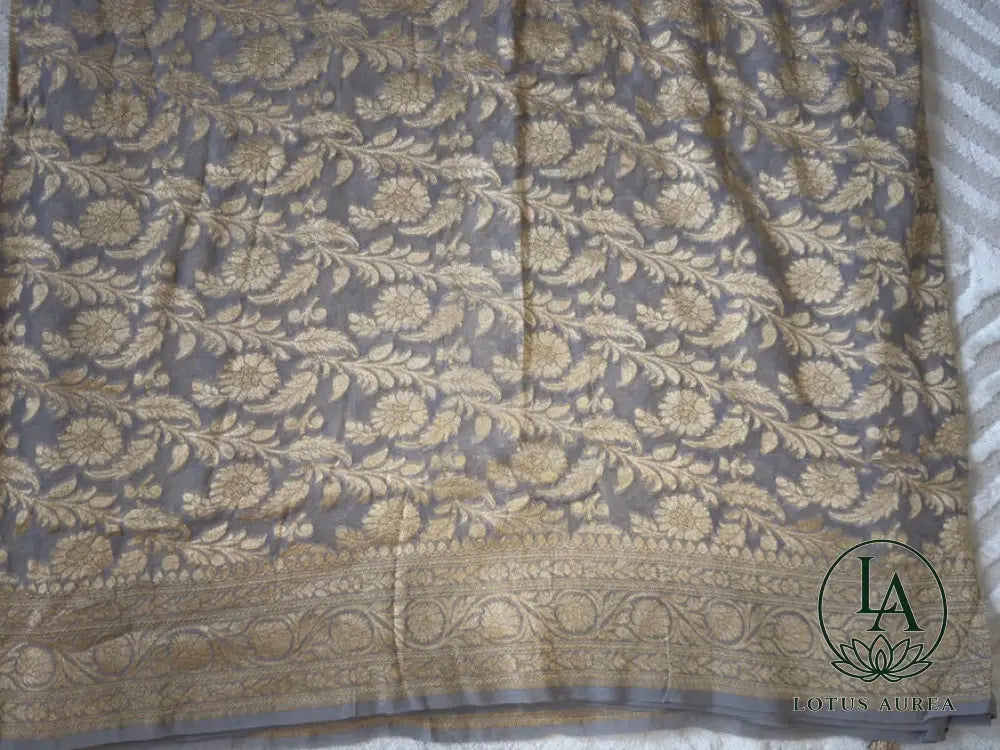 Silver Mist Heritage – Handwoven Pure Banarasi Khaddi Georgette Saree with Grand Floral Jaal Pallu - Banarasi Khaddi