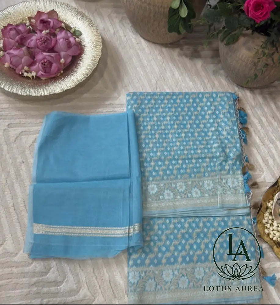 Sky blue Cotton Zari Jamdani - Jamdani Saree