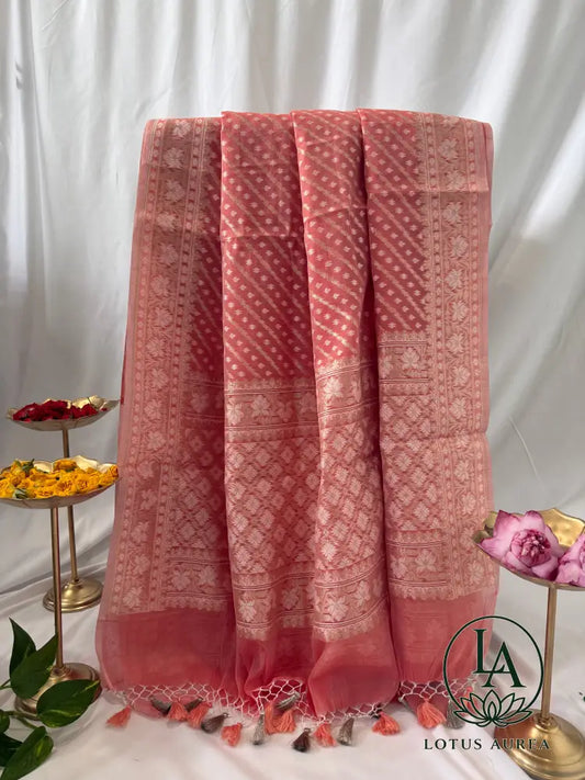 Soft Blush Pink Handwoven Banarasi Cotton Jamdani Saree - Jamdani Saree