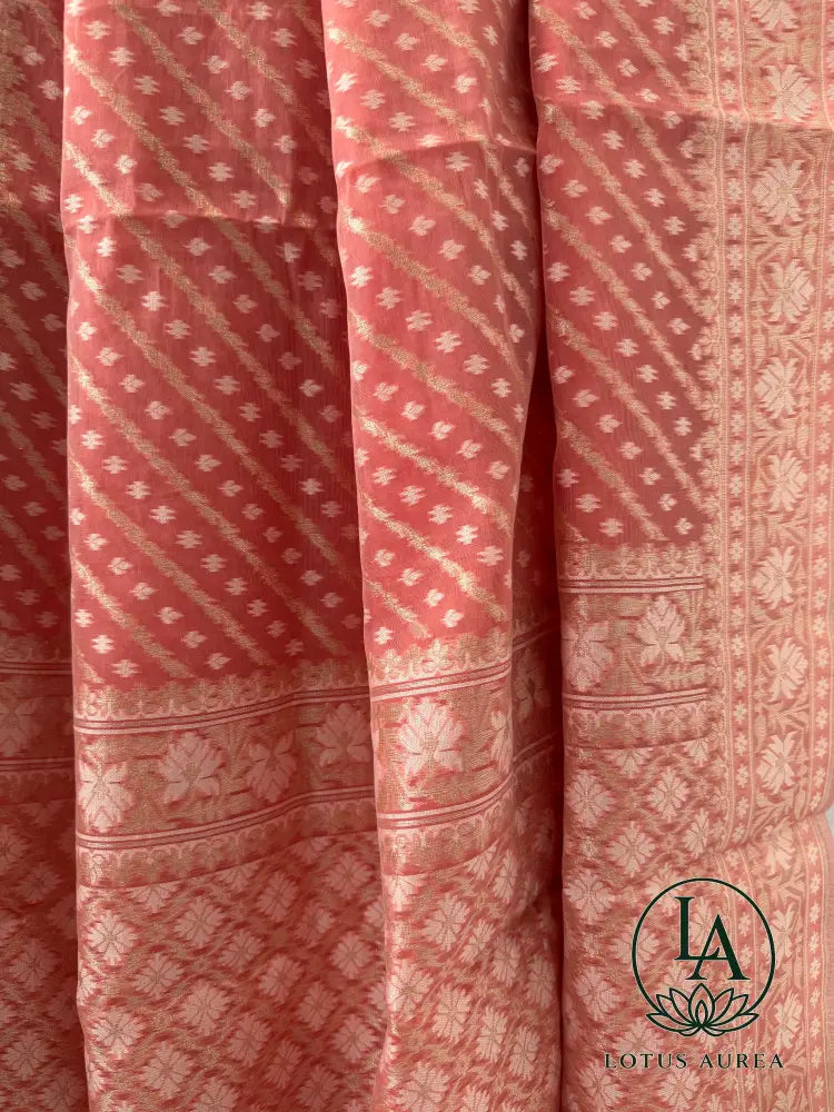 Soft Blush Pink Handwoven Banarasi Cotton Jamdani Saree - Jamdani Saree
