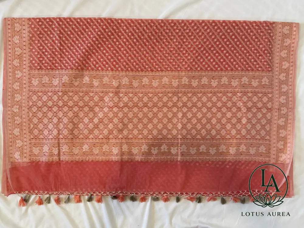 Soft Blush Pink Handwoven Banarasi Cotton Jamdani Saree - Jamdani Saree
